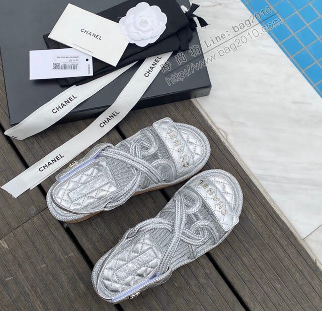 Chanel女鞋 香奈兒2020夏日新款草繩魔術貼涼鞋 Chanel女款休閒涼鞋  naq1252